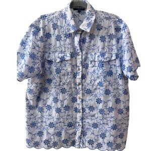 Shore Womens Embroidered Eyelet Button Up Shirt Floral Size M Coastal Breezy